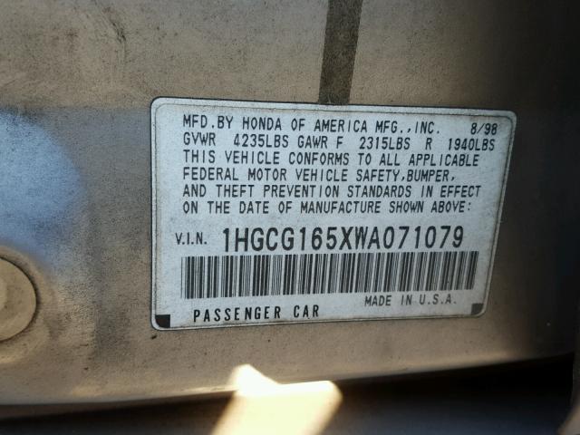 1HGCG165XWA071079 - 1998 HONDA ACCORD EX SILVER photo 10