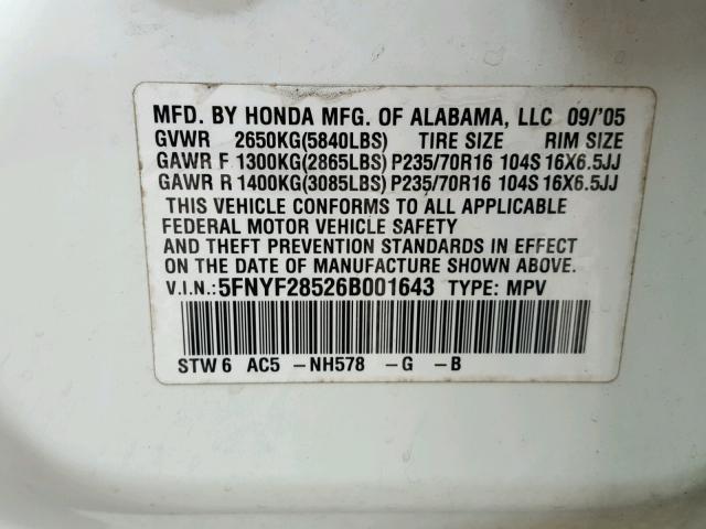 5FNYF28526B001643 - 2006 HONDA PILOT EX WHITE photo 10