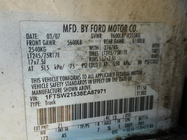 1FTSW21538EA87971 - 2008 FORD F250 WHITE photo 10