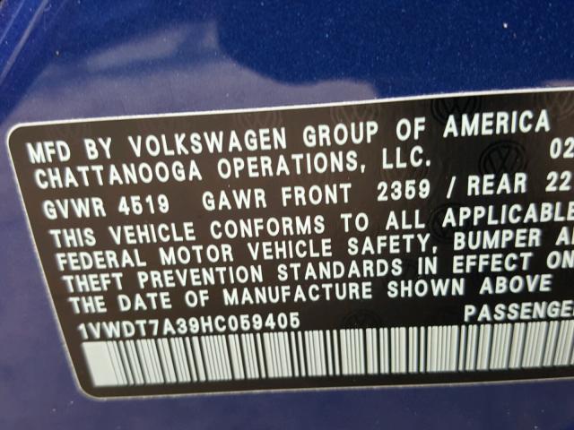 1VWDT7A39HC059405 - 2017 VOLKSWAGEN PASSAT R-L BLUE photo 10