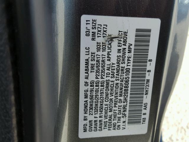 5FNRL5H20BB065100 - 2011 HONDA ODYSSEY LX GRAY photo 10