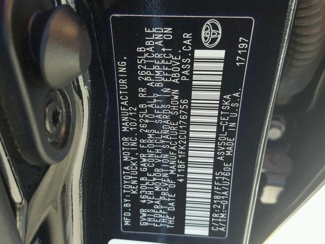 4T1BF1FK2CU176756 - 2012 TOYOTA CAMRY BASE BLACK photo 10