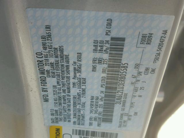 3LN6L2LU3ER805585 - 2014 LINCOLN MKZ Արծաթագույն լուսանկար 10