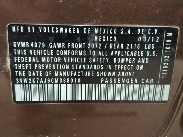 3VW2K7AJ9CM388010 - 2012 VOLKSWAGEN JETTA BASE BROWN photo 10