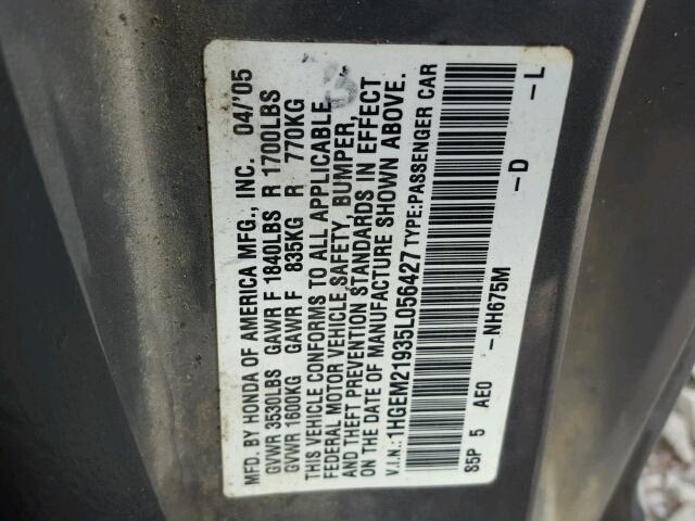 1HGEM21935L056427 - 2005 HONDA CIVIC EX 灰色 照片 10