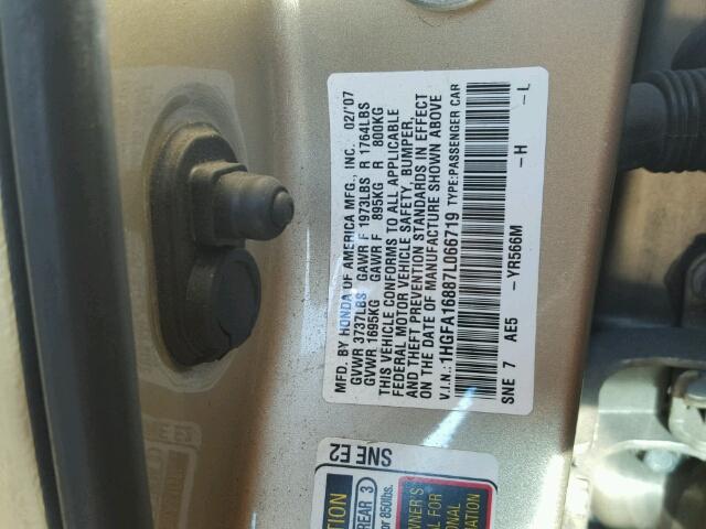 1HGFA16887L066719 - 2007 HONDA CIVIC EX 金色 照片 10