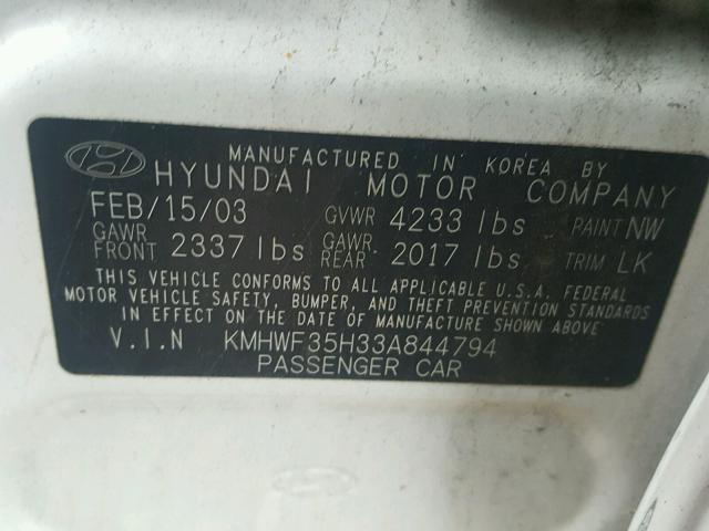 KMHWF35H33A844794 - 2003 HYUNDAI SONATA GLS WHITE photo 10