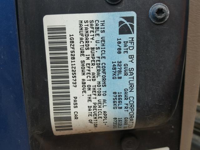 1G8ZF52811Z255737 - 2001 SATURN SL BLUE photo 10