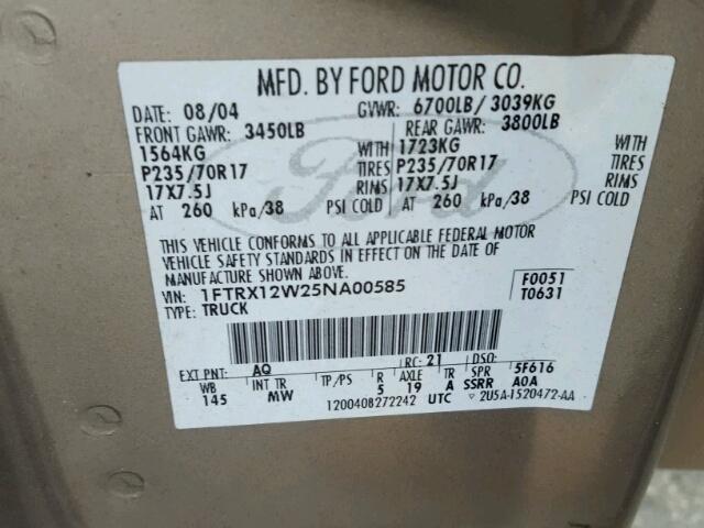 1FTRX12W25NA00585 - 2005 FORD F150 GRAY photo 10