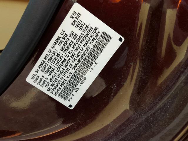 5FNRL38699B051357 - 2009 HONDA ODYSSEY EX MAROON photo 10