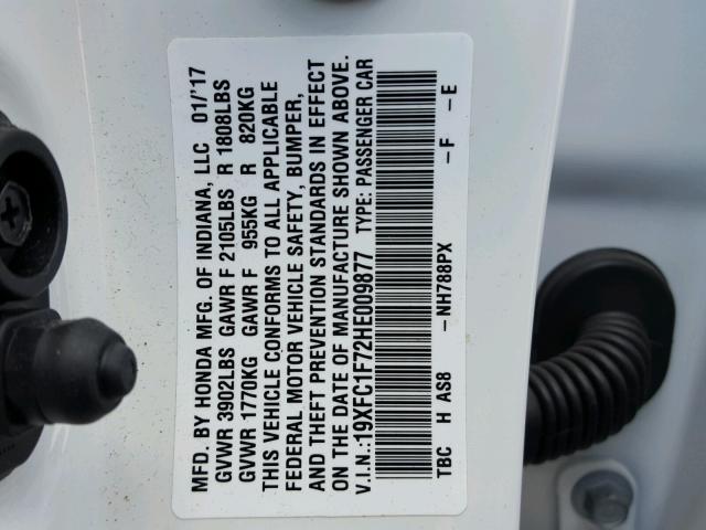 19XFC1F72HE009877 - 2017 HONDA CIVIC EXL WHITE photo 10