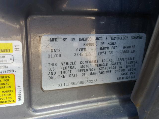 KL1TD66E39B653213 - 2009 CHEVROLET AVEO LS GRAY photo 10