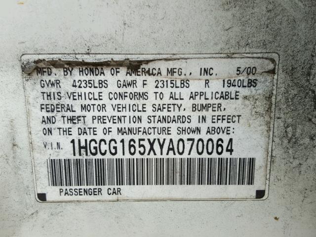 1HGCG165XYA070064 - 2000 HONDA ACCORD EX WHITE photo 10