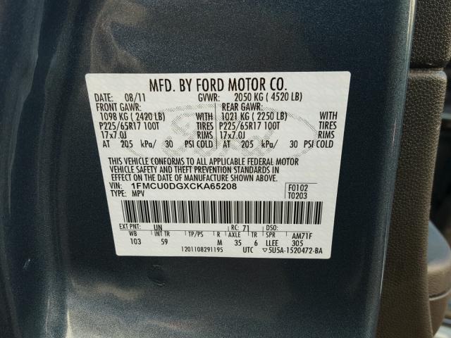 1FMCU0DGXCKA65208 - 2012 FORD ESCAPE BLUE photo 10