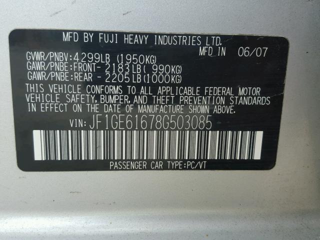 JF1GE61678G503085 - 2008 SUBARU IMPREZA SILVER photo 10