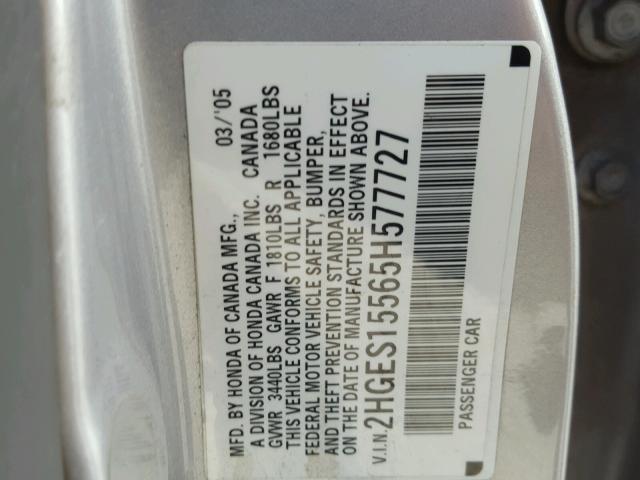 2HGES15565H577727 - 2005 HONDA CIVIC LX SILVER photo 10