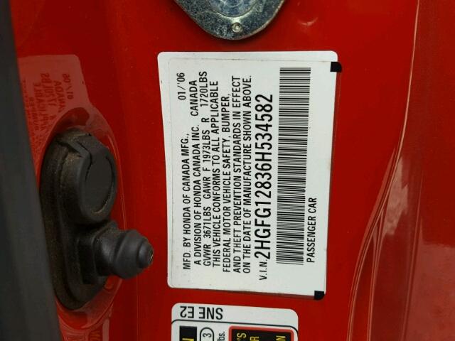 2HGFG12836H534582 - 2006 HONDA CIVIC EX RED photo 10