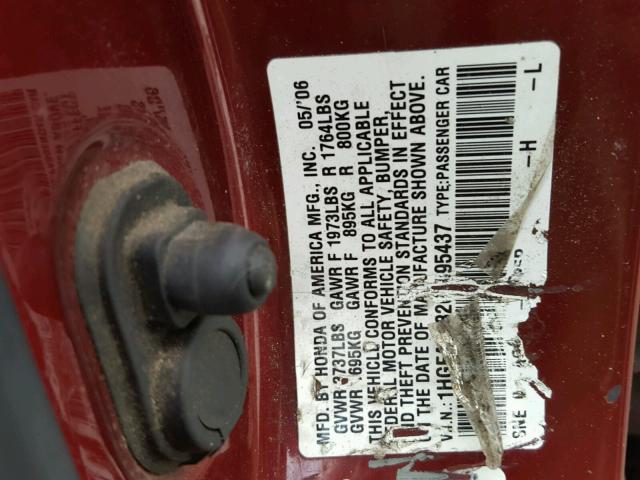 1HGFA16826L095437 - 2006 HONDA CIVIC EX RED photo 10