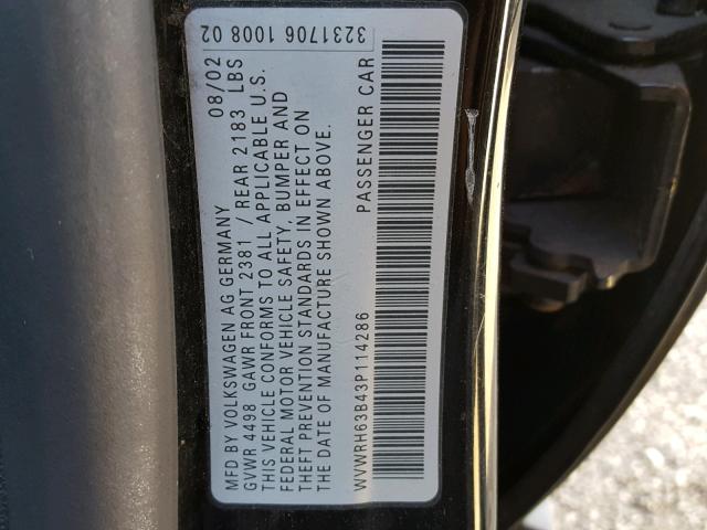 WVWRH63B43P114286 - 2003 VOLKSWAGEN PASSAT GLX BLACK photo 10