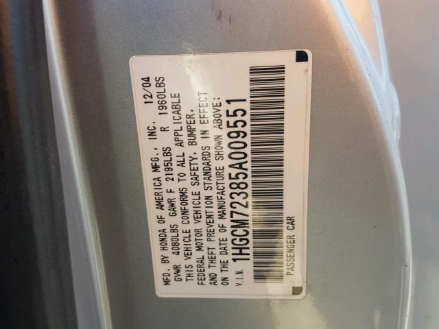 1HGCM72385A009551 - 2005 HONDA ACCORD LX SILVER photo 10