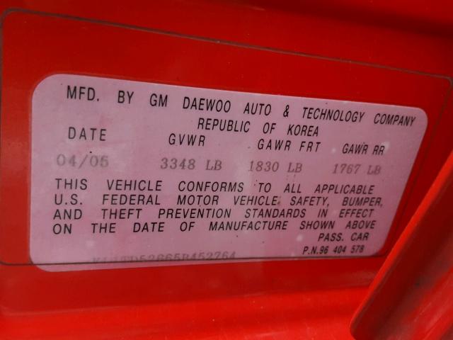 KL1TD52665B452764 - 2005 CHEVROLET AVEO BASE 红色 照片 10