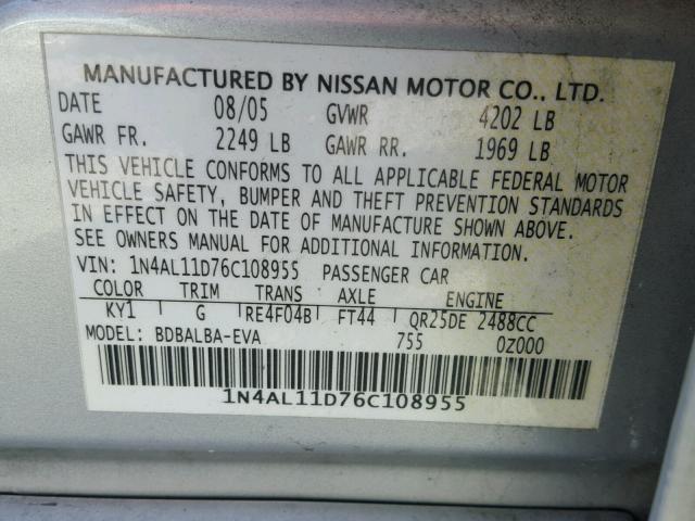 1N4AL11D76C108955 - 2006 NISSAN ALTIMA SILVER photo 10