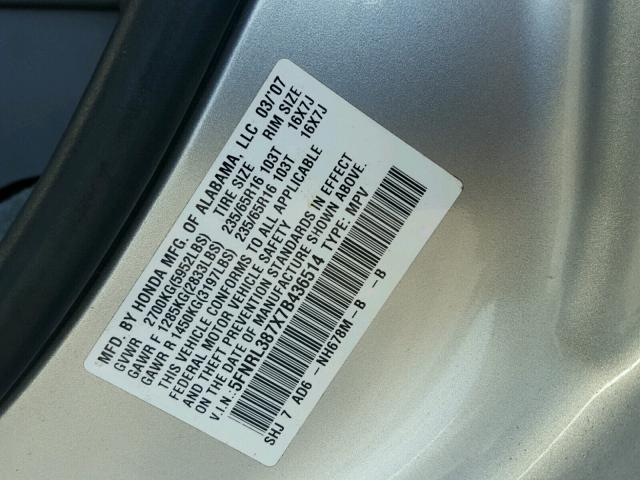 5FNRL387X7B436514 - 2007 HONDA ODYSSEY SILVER photo 10