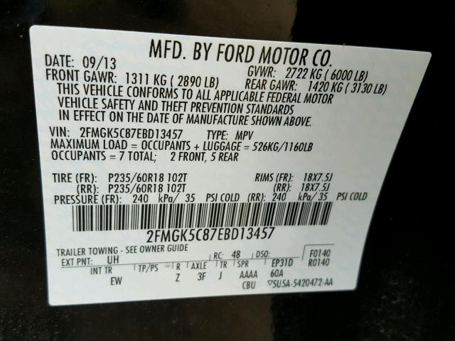 2FMGK5C87EBD13457 - 2014 FORD FLEX SEL BLACK photo 10