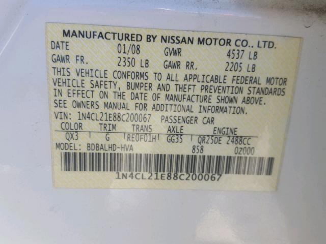 1N4CL21E88C200067 - 2008 NISSAN ALTIMA HYB WHITE photo 10