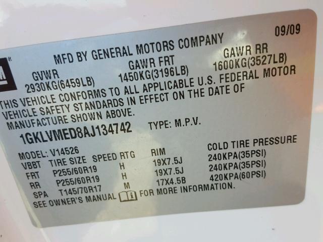 1GKLVMED8AJ134742 - 2010 GMC ACADIA SLT თეთრი ფოტო 10