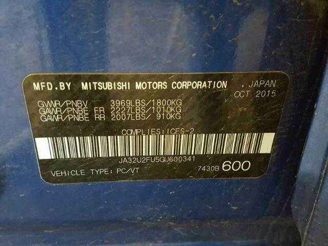 JA32U2FU5GU600341 - 2016 MITSUBISHI LANCER ES BLUE photo 10