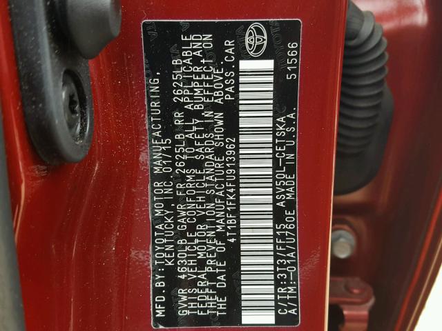 4T1BF1FK4FU913962 - 2015 TOYOTA CAMRY LE წითელი ფოტო 10