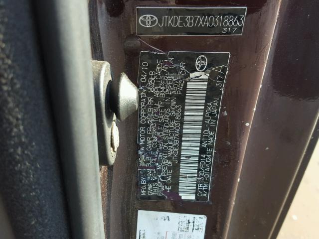 JTKDE3B7XA0318863 - 2010 TOYOTA SCION TC 勃艮第红 照片 10