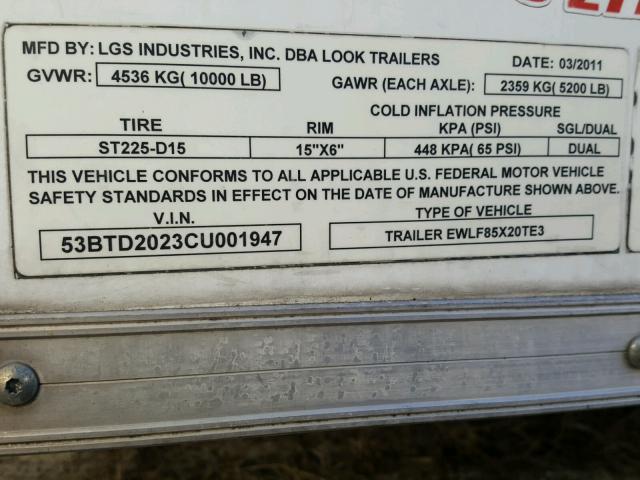 53BTD2023CU001947 - 2012 LOOK TRAILER WHITE photo 10