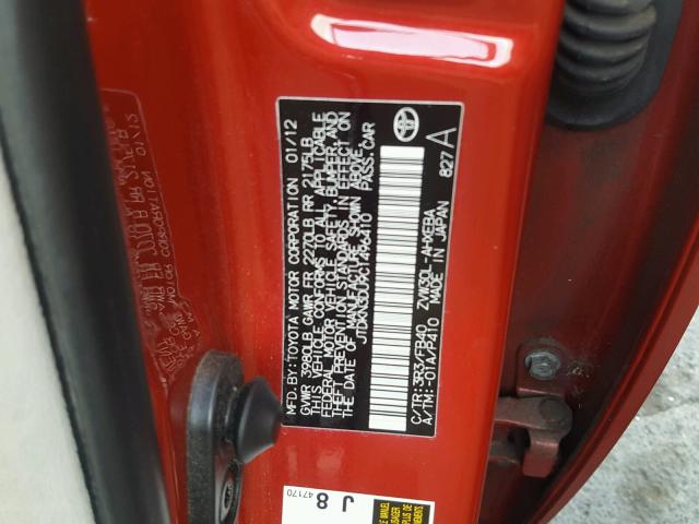 JTDKN3DU9C1496410 - 2012 TOYOTA PRIUS RED photo 10