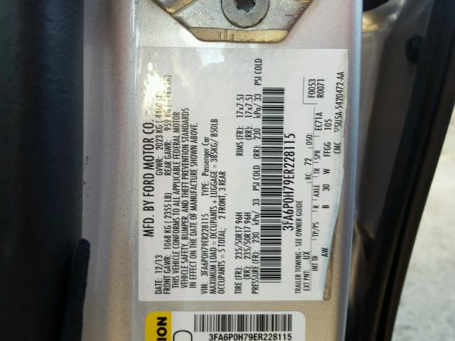 3FA6P0H79ER228115 - 2014 FORD FUSION SE SILVER photo 10