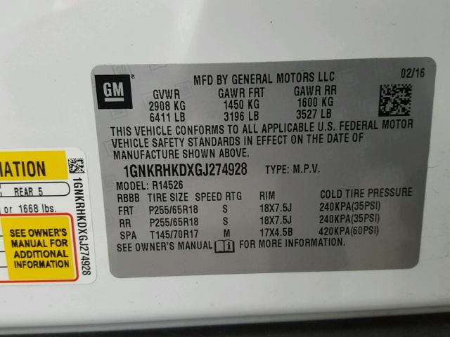 1GNKRHKDXGJ274928 - 2016 CHEVROLET TRAVERSE L WHITE photo 10