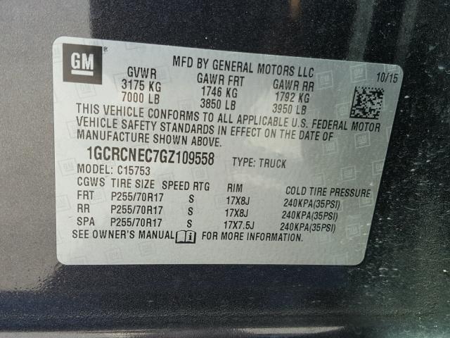 1GCRCNEC7GZ109558 - 2016 CHEVROLET SILVERADO CHARCOAL photo 10