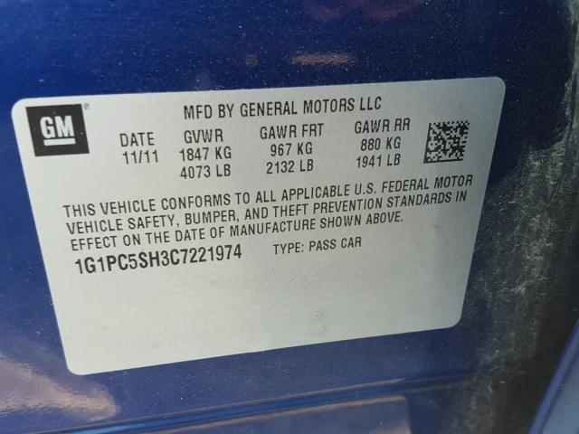 1G1PC5SH3C7221974 - 2012 CHEVROLET CRUZE LS BLUE photo 10