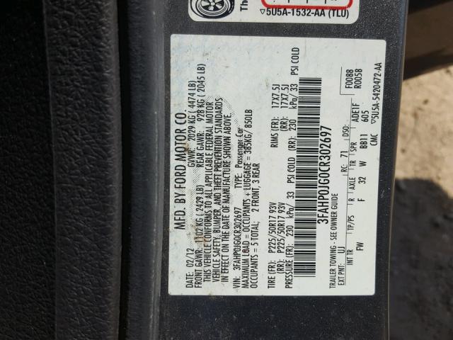 3FAHP0JG0CR302697 - 2012 FORD FUSION SEL GRAY photo 10