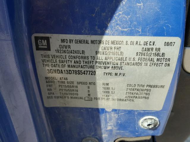 3GNDA13D78S547720 - 2008 CHEVROLET HHR LS BLUE photo 10