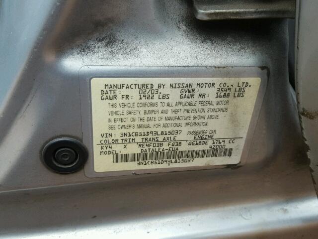 3N1CB51D93L815037 - 2003 NISSAN SENTRA XE SILVER photo 10