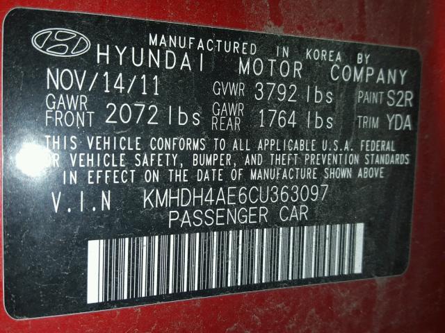 KMHDH4AE6CU363097 - 2012 HYUNDAI ELANTRA GL MAROON photo 10