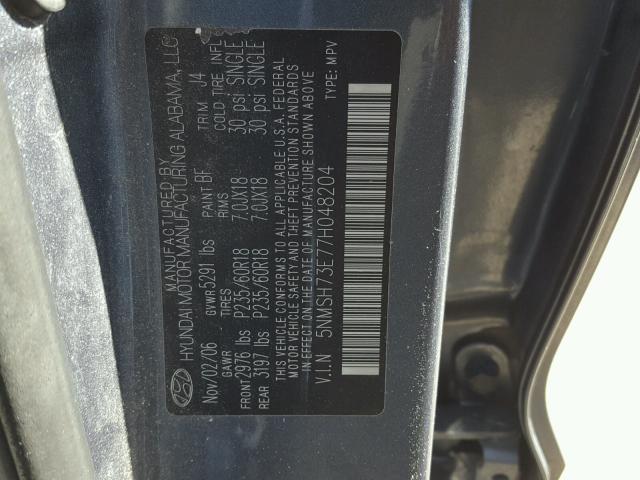 5NMSH73E77H048204 - 2007 HYUNDAI SANTA FE S BLUE photo 10