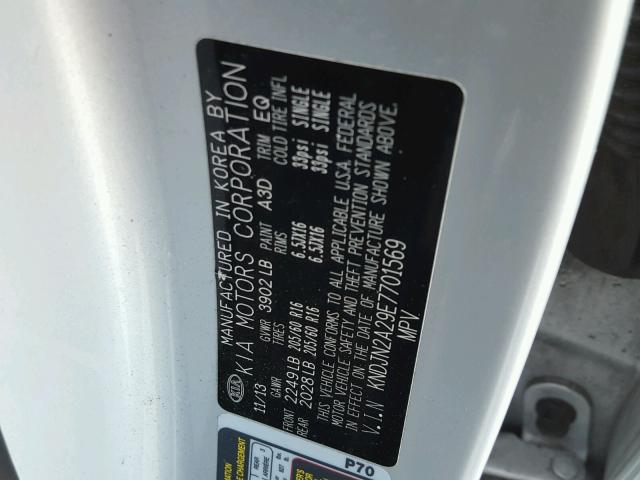 KNDJN2A29E7701569 - 2014 KIA SOUL SILVER photo 10