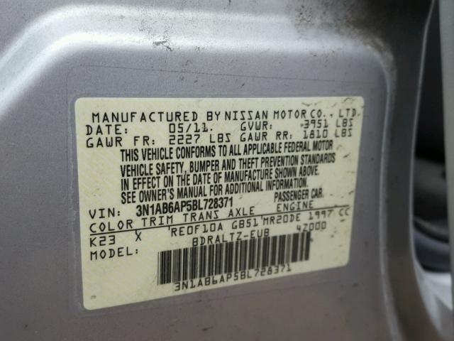 3N1AB6AP5BL728371 - 2011 NISSAN SENTRA 2.0 SILVER photo 10