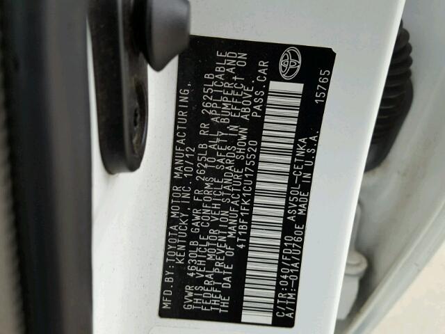 4T1BF1FK1CU175520 - 2012 TOYOTA CAMRY BASE WHITE photo 10