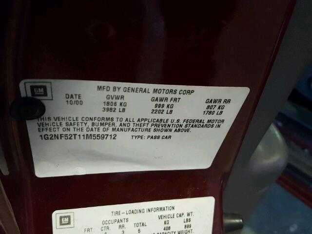 1G2NF52T11M559712 - 2001 PONTIAC GRAND AM S MAROON photo 10