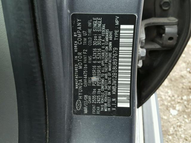 KM8JM12B18U897679 - 2008 HYUNDAI TUCSON GLS GRAY photo 10