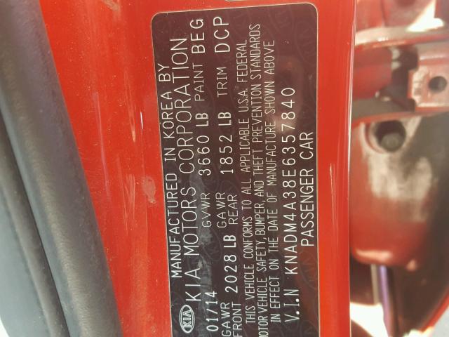 KNADM4A38E6357840 - 2014 KIA RIO LX RED photo 10